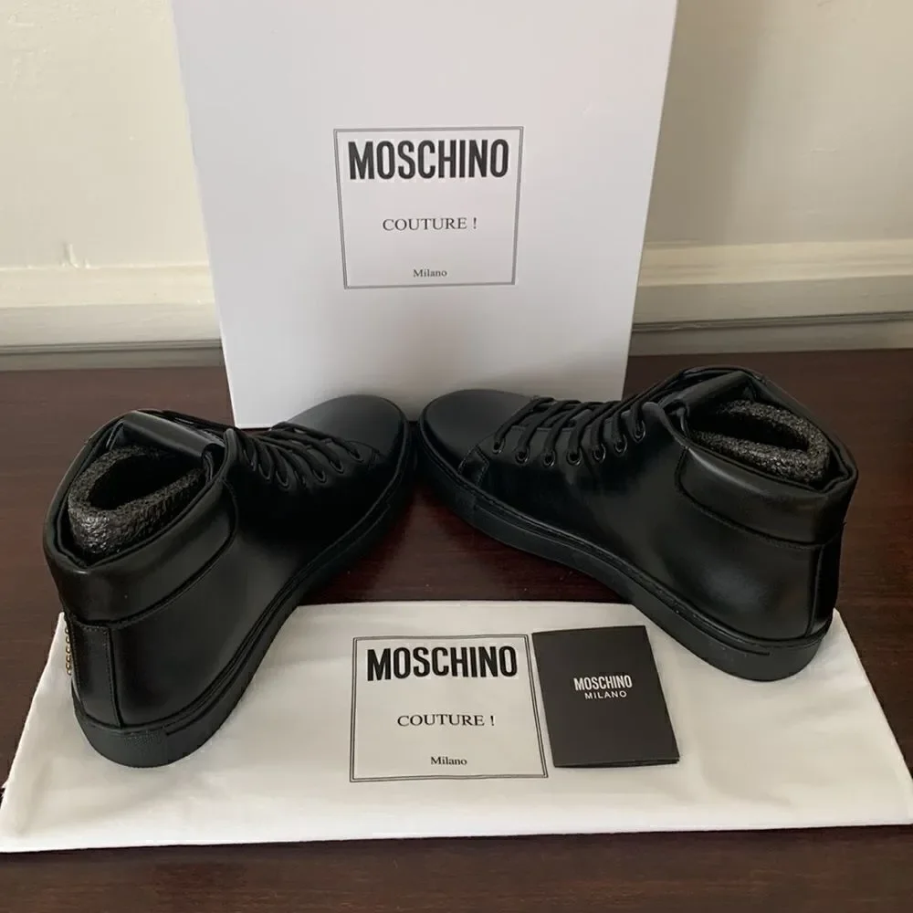 Moschino Women’s High Top logo studded leather black sneaker size 7, NIB - Picture 11 of 12